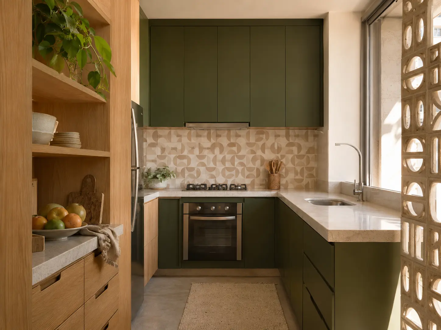Cozinha funcional com marcenaria verde, madeira e azulejos